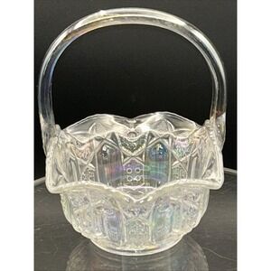 Vintage‎ LE Smith Glass Iridescent Quintec pattern Ruffled Basket 8" #6523